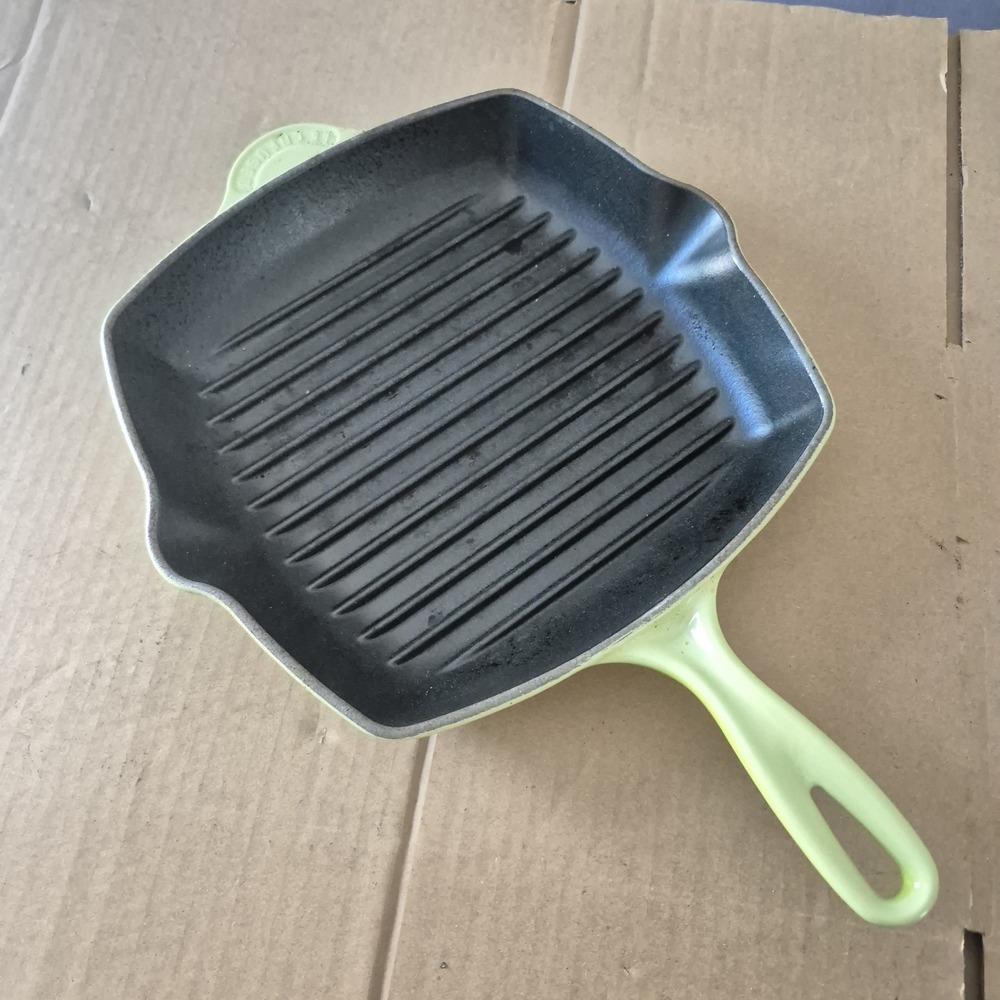 Vintage Le Creuset Kiwi Green Enameled Cast Iron Square Grill Pan Skillet #26